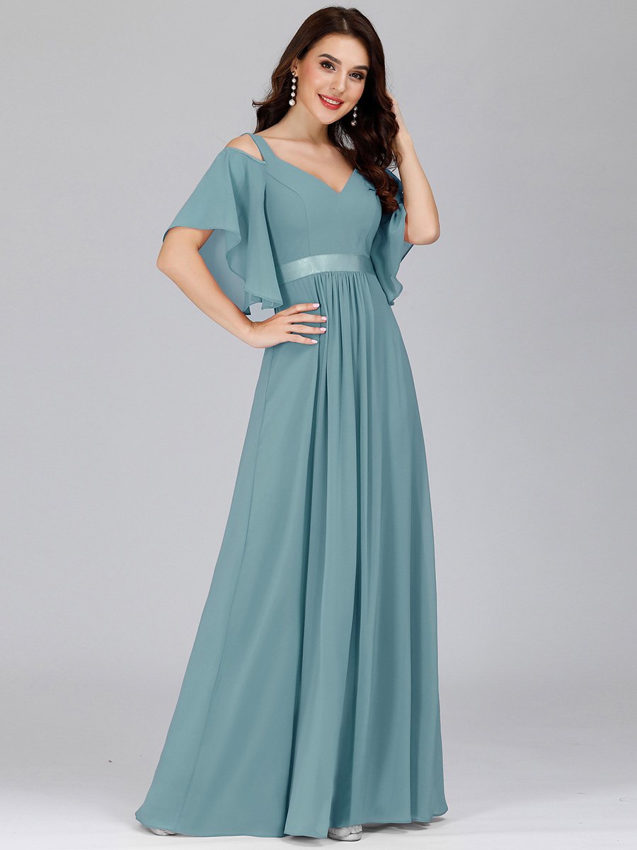 Color=Dusty Blue | Women'S Off Shoulder Floor Length Bridesmaid Dress With Ruffle Sleeves-Dusty Blue 3