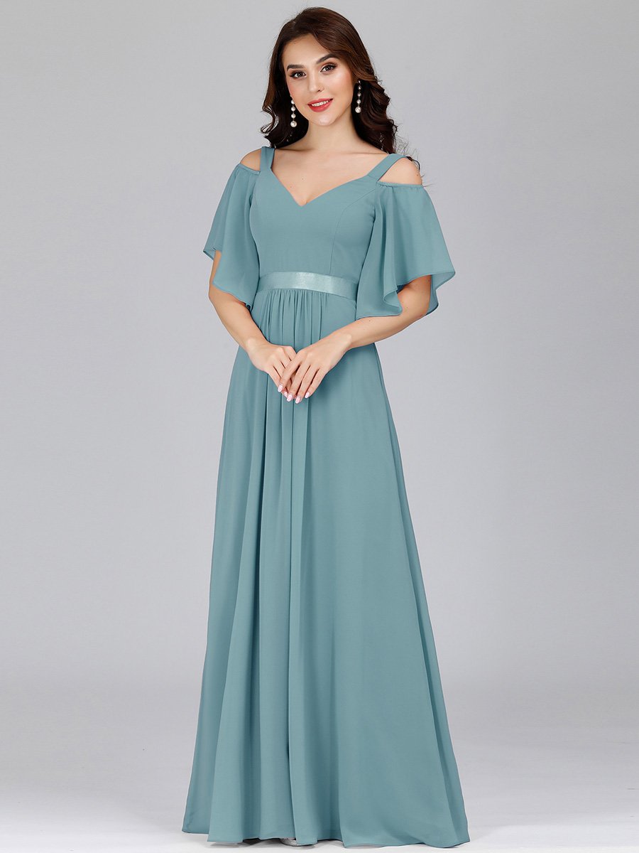 Color=Dusty Blue | Women'S Off Shoulder Floor Length Bridesmaid Dress With Ruffle Sleeves-Dusty Blue 4