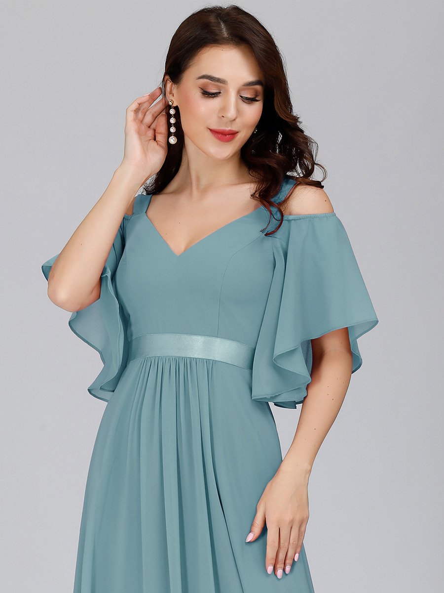 Color=Dusty Blue | Women'S Off Shoulder Floor Length Bridesmaid Dress With Ruffle Sleeves-Dusty Blue 5