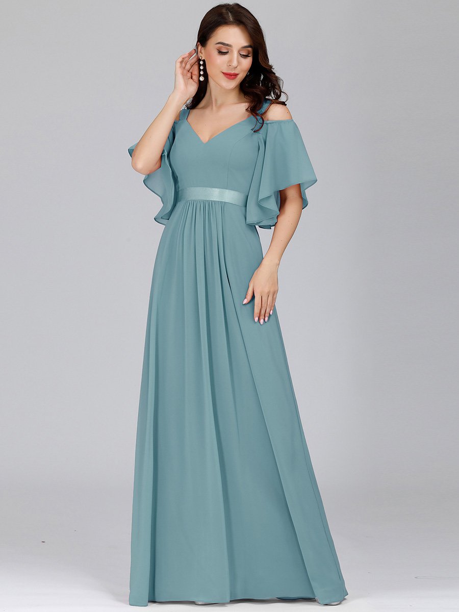 Color=Dusty Blue | Women'S Off Shoulder Floor Length Bridesmaid Dress With Ruffle Sleeves-Dusty Blue 1