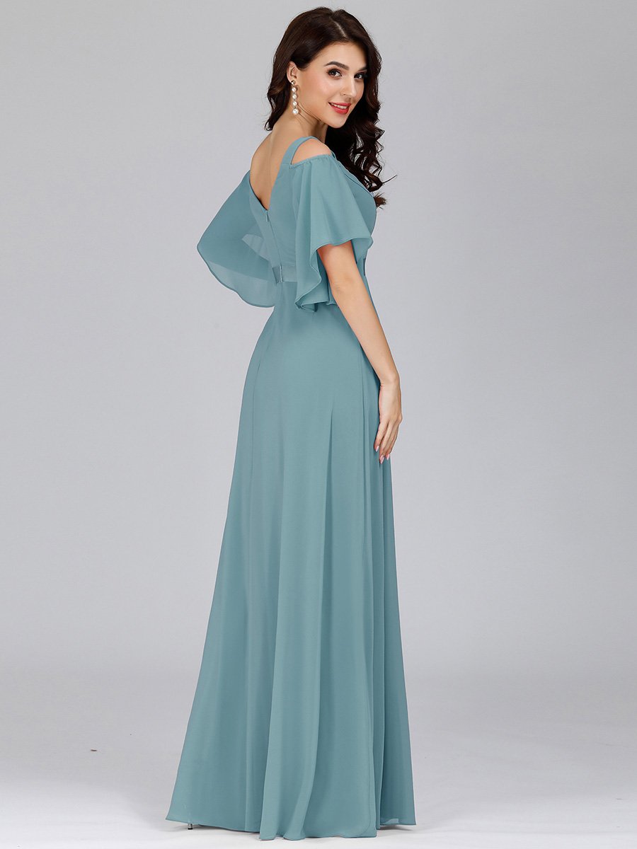 Color=Dusty Blue | Women'S Off Shoulder Floor Length Bridesmaid Dress With Ruffle Sleeves-Dusty Blue 2