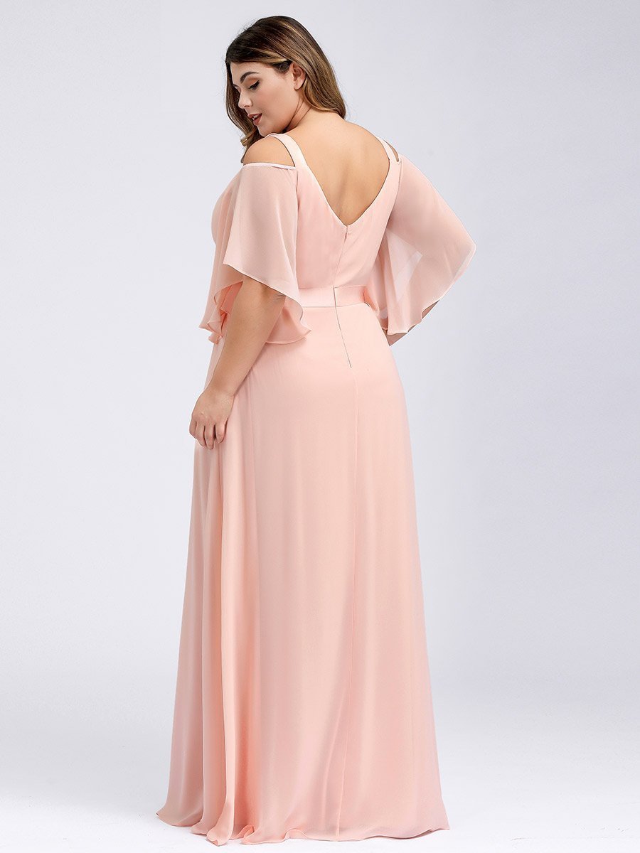 Color=Pink | Women'S Off Shoulder Floor Length Bridesmaid Dress With Ruffle Sleeves-Pink 18