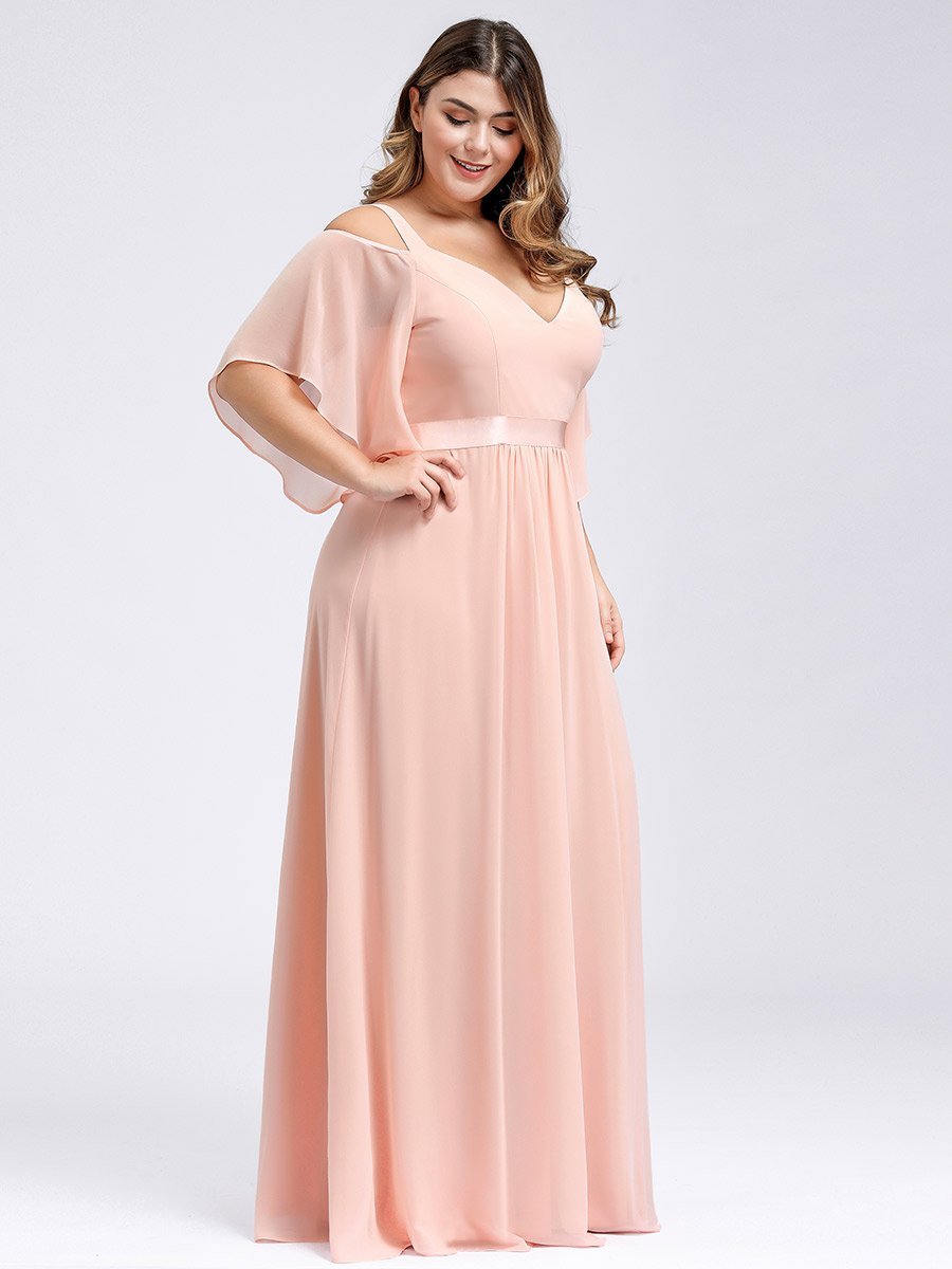 Color=Pink | Women'S Off Shoulder Floor Length Bridesmaid Dress With Ruffle Sleeves-Pink 19