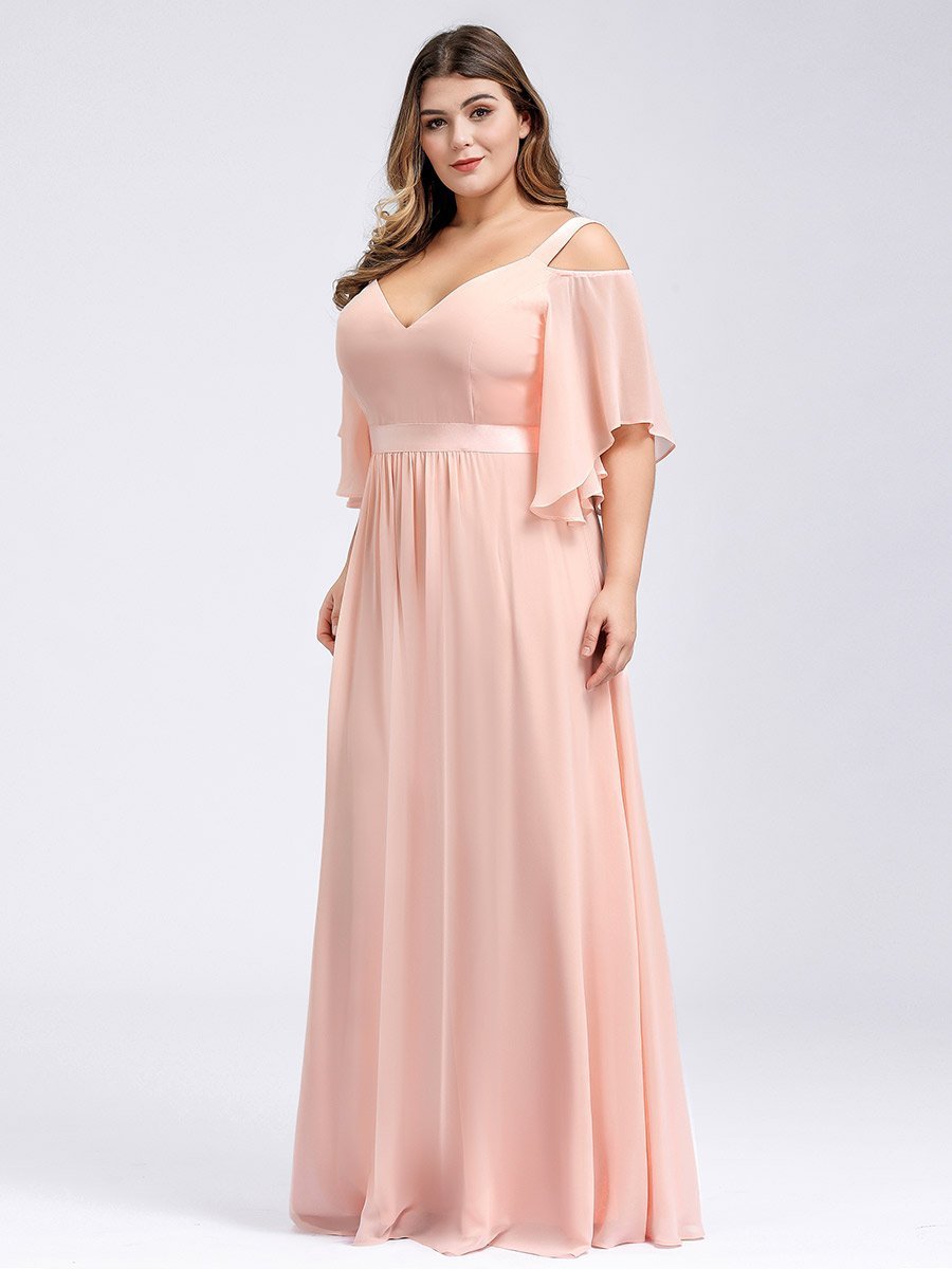 Color=Pink | Women'S Off Shoulder Floor Length Bridesmaid Dress With Ruffle Sleeves-Pink 20