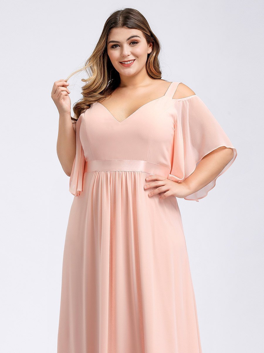 Color=Pink | Women'S Off Shoulder Floor Length Bridesmaid Dress With Ruffle Sleeves-Pink 21