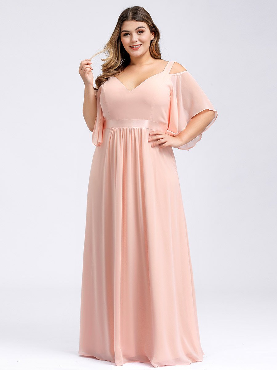 Color=Pink | Women'S Off Shoulder Floor Length Bridesmaid Dress With Ruffle Sleeves-Pink 17