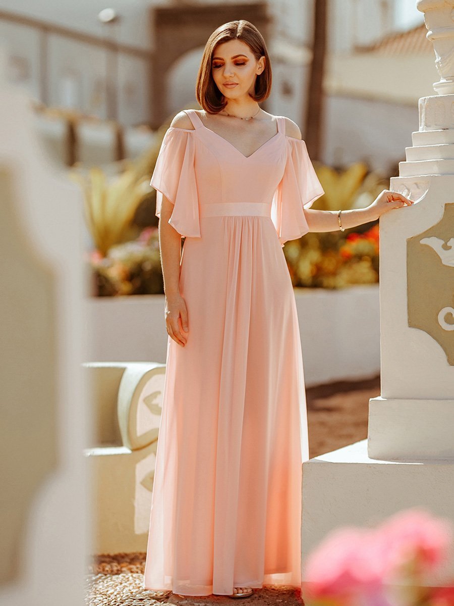 Color=Pink | Women'S Off Shoulder Floor Length Bridesmaid Dress With Ruffle Sleeves-Pink 1