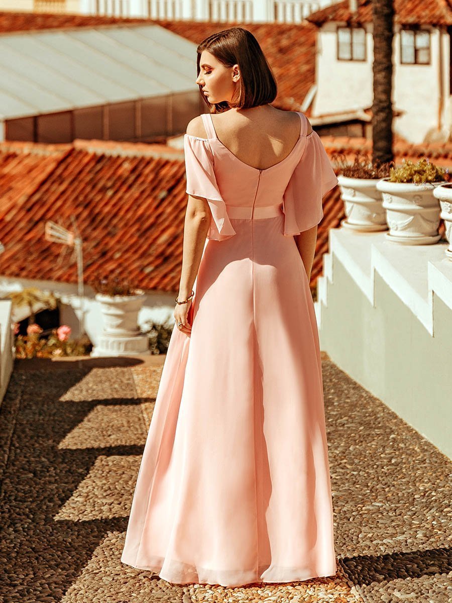 Color=Pink | Women'S Off Shoulder Floor Length Bridesmaid Dress With Ruffle Sleeves-Pink 2