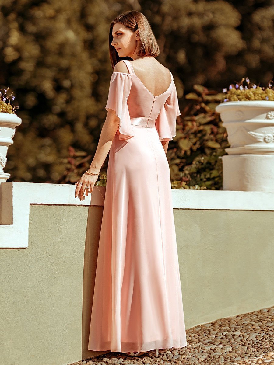 Color=Pink | Women'S Off Shoulder Floor Length Bridesmaid Dress With Ruffle Sleeves-Pink 5