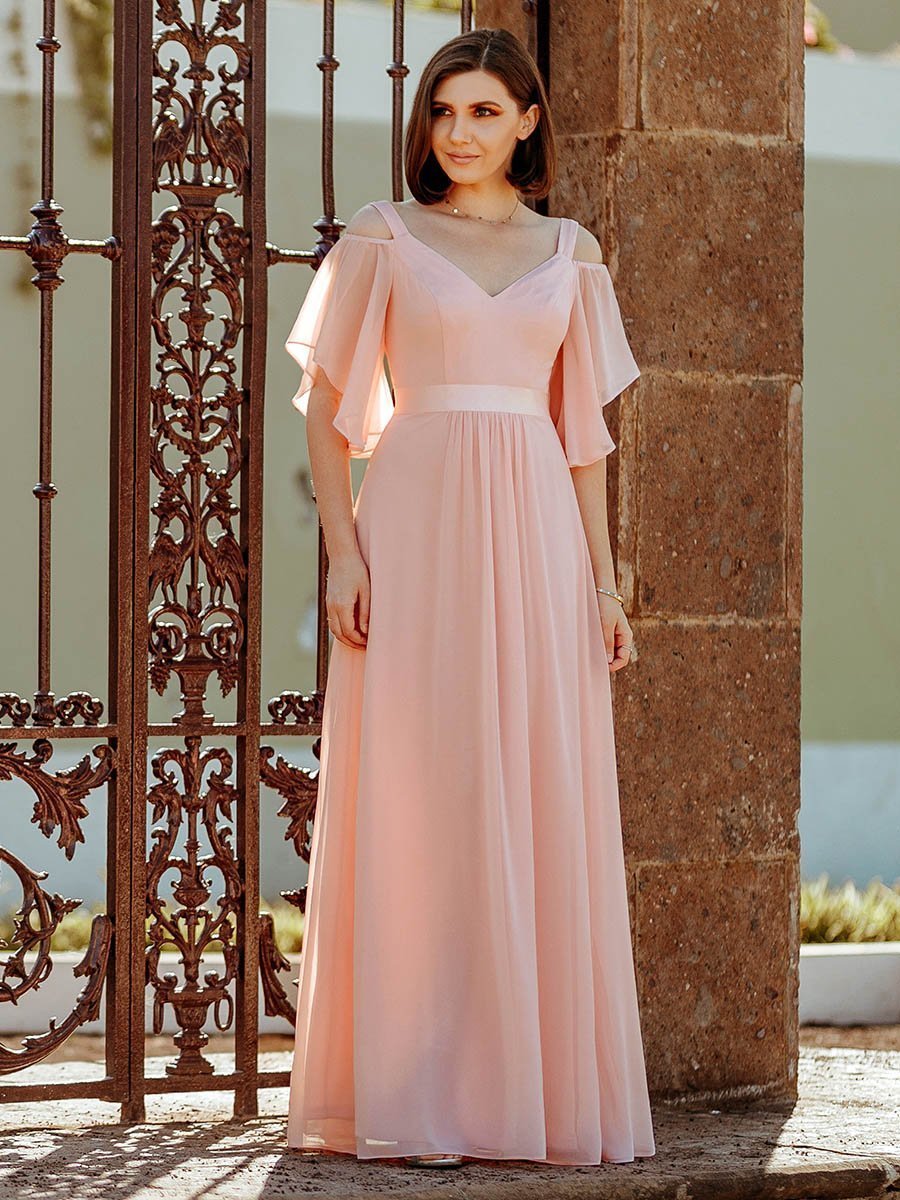 Color=Pink | Women'S Off Shoulder Floor Length Bridesmaid Dress With Ruffle Sleeves-Pink 6