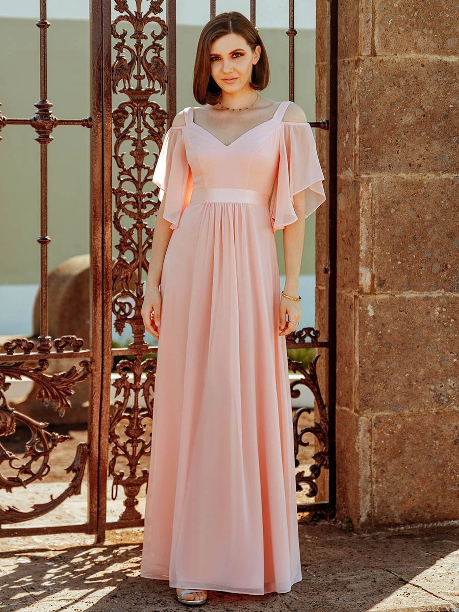Color=Pink | Women'S Off Shoulder Floor Length Bridesmaid Dress With Ruffle Sleeves-Pink 7