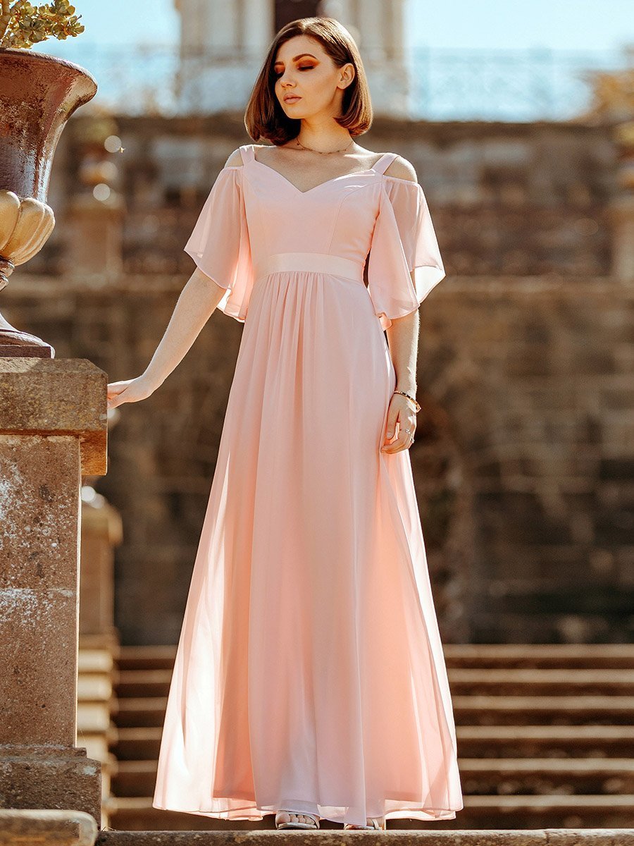 Color=Pink | Women'S Off Shoulder Floor Length Bridesmaid Dress With Ruffle Sleeves-Pink 8