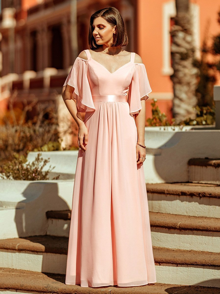 Color=Pink | Women'S Off Shoulder Floor Length Bridesmaid Dress With Ruffle Sleeves-Pink 9