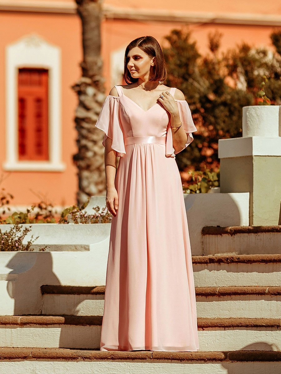 Color=Pink | Women'S Off Shoulder Floor Length Bridesmaid Dress With Ruffle Sleeves-Pink 10