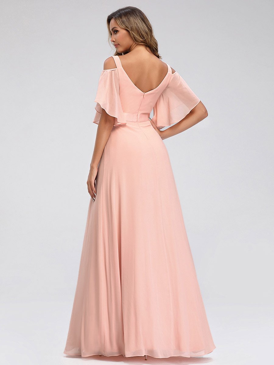 Color=Pink | Women'S Off Shoulder Floor Length Bridesmaid Dress With Ruffle Sleeves-Pink 13