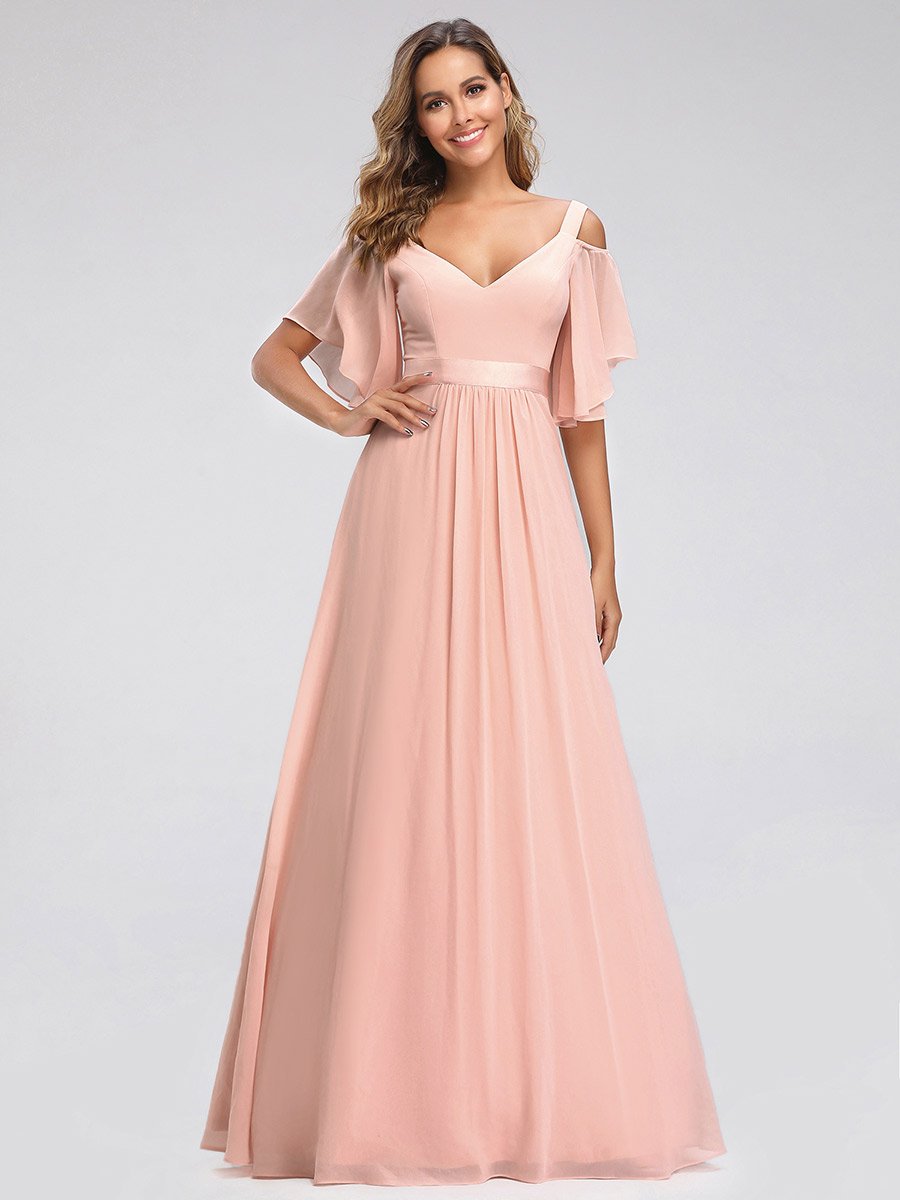 Color=Pink | Women'S Off Shoulder Floor Length Bridesmaid Dress With Ruffle Sleeves-Pink 15