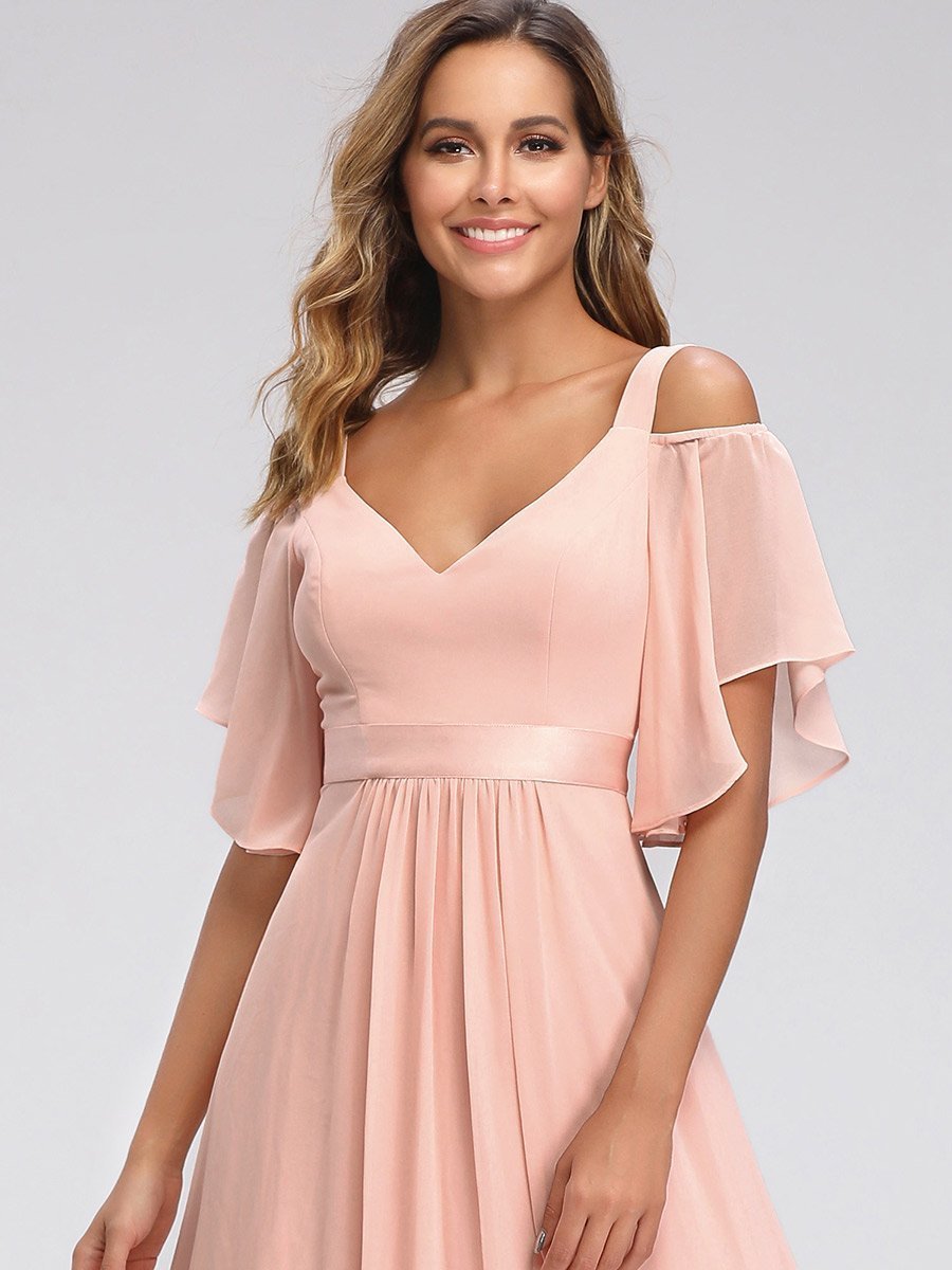 Color=Pink | Women'S Off Shoulder Floor Length Bridesmaid Dress With Ruffle Sleeves-Pink 16