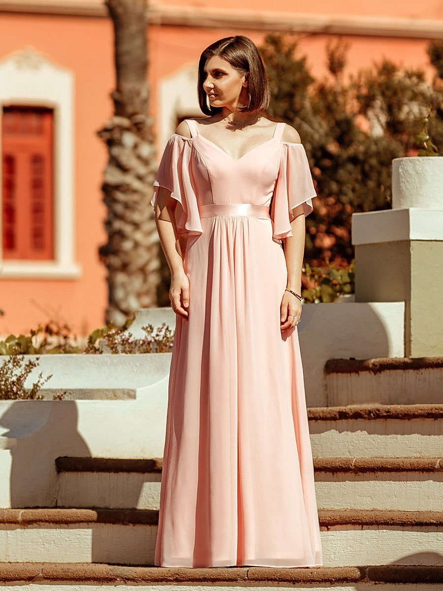 Color=Pink | Women'S Off Shoulder Floor Length Bridesmaid Dress With Ruffle Sleeves-Pink 11