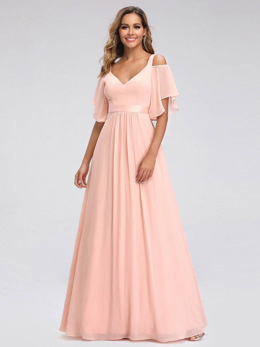 Color=Pink | Women'S Off Shoulder Floor Length Bridesmaid Dress With Ruffle Sleeves-Pink 12