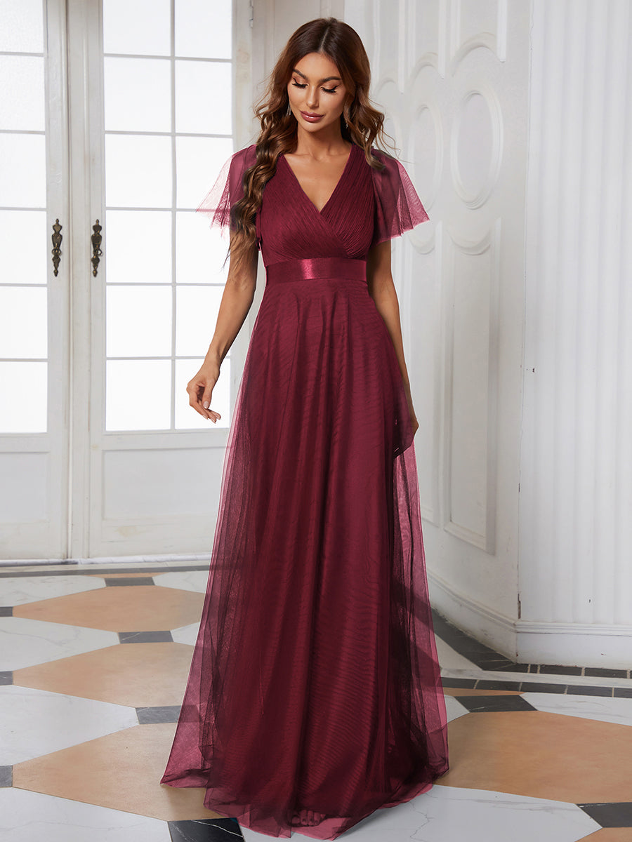 Color=Burgundy | Women's V-Neck A-Line Floor-Length Wholesale Bridesmaid Dresses-Burgundy 1