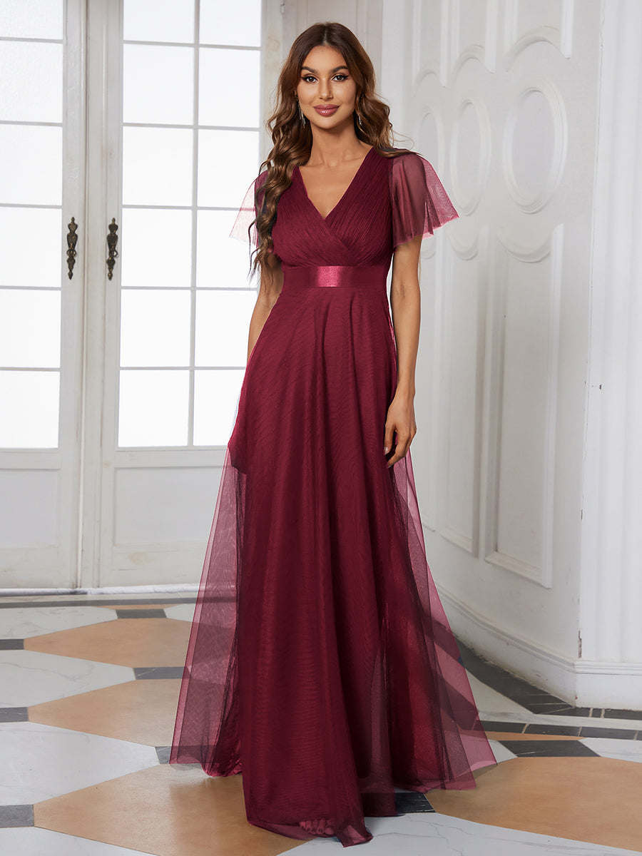 Color=Burgundy | Women's V-Neck A-Line Floor-Length Wholesale Bridesmaid Dresses-Burgundy 2
