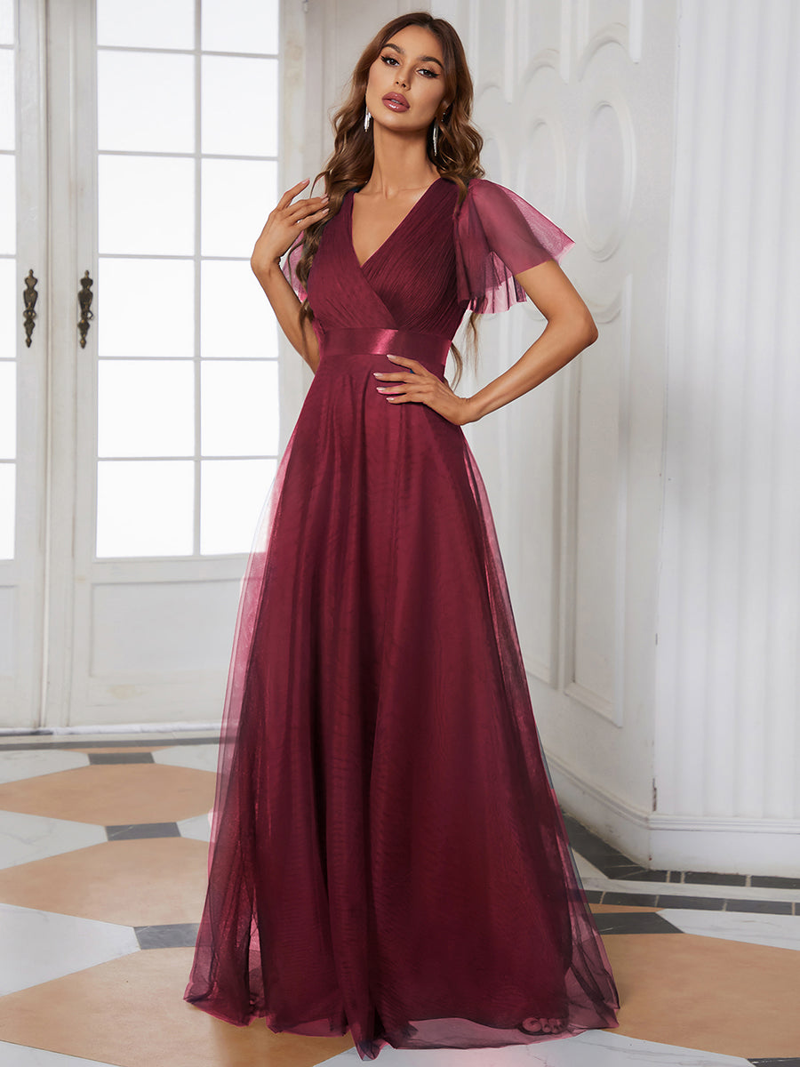 Color=Burgundy | Women's V-Neck A-Line Floor-Length Wholesale Bridesmaid Dresses-Burgundy 3
