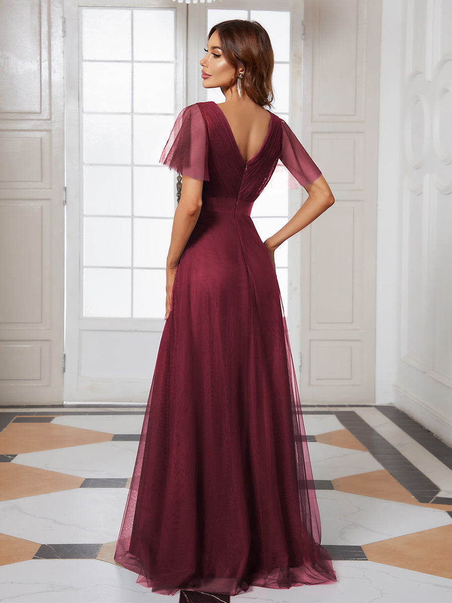 Color=Burgundy | Women's V-Neck A-Line Floor-Length Wholesale Bridesmaid Dresses-Burgundy 4