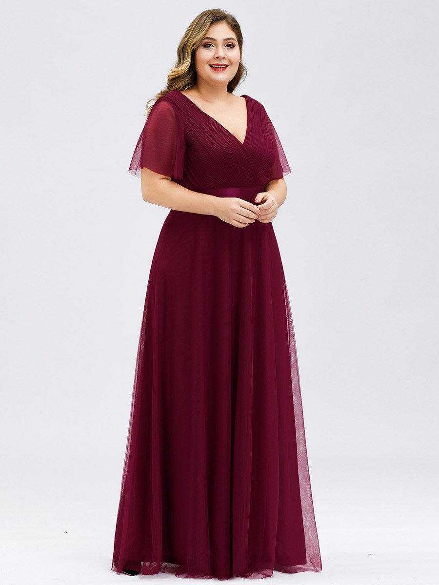 Color=Burgundy | Plus Size Women'S V-Neck A-Line Short Sleeve Floor-Length Bridesmaid Dresses Ep07962-Burgundy 3
