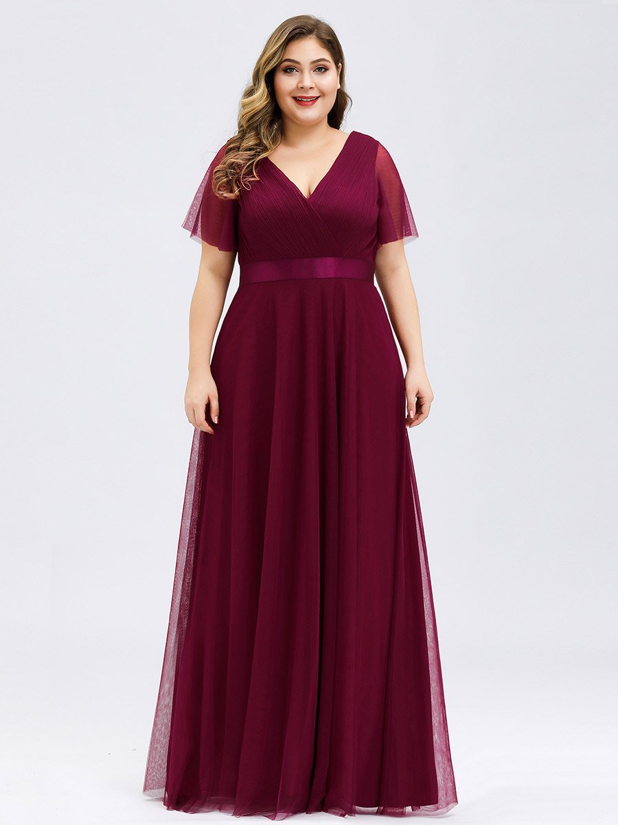 Color=Burgundy | Plus Size Women'S V-Neck A-Line Short Sleeve Floor-Length Bridesmaid Dresses Ep07962-Burgundy 1