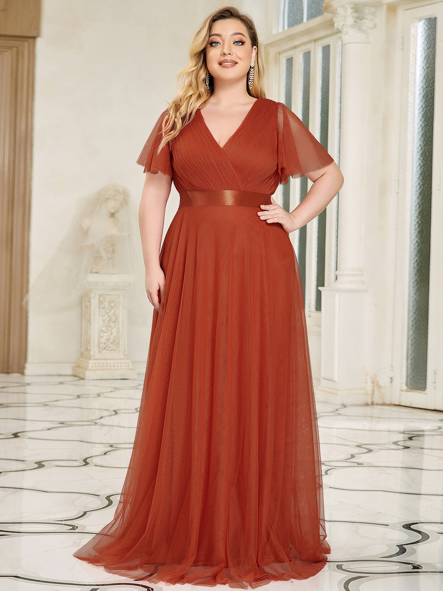 Color=Burnt orange | Plus Size Women'S V-Neck A-Line Short Sleeve Floor-Length Bridesmaid Dresses Ep07962-Burnt orange 1