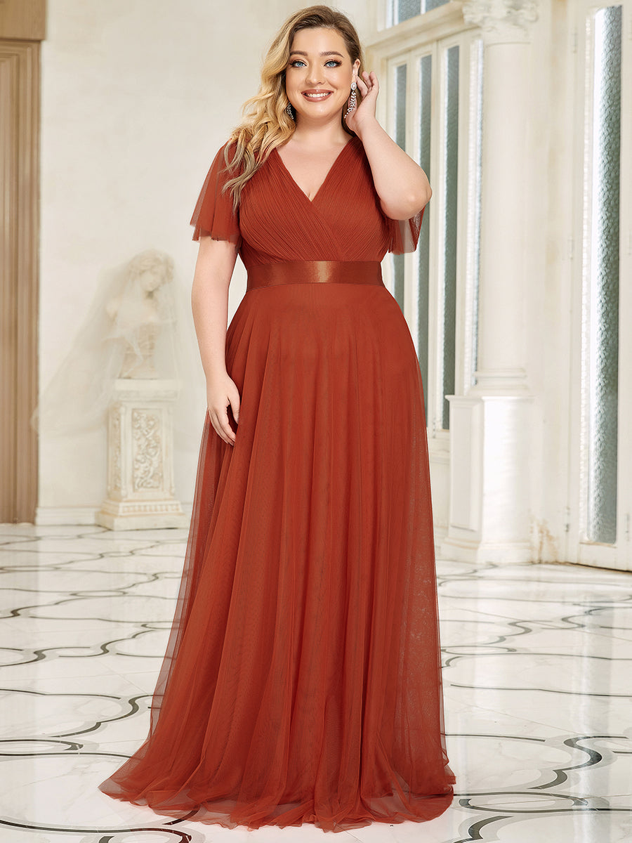 Color=Burnt orange | Plus Size Women'S V-Neck A-Line Short Sleeve Floor-Length Bridesmaid Dresses Ep07962-Burnt orange 2