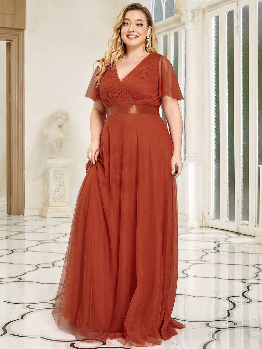 Color=Burnt orange | Plus Size Women'S V-Neck A-Line Short Sleeve Floor-Length Bridesmaid Dresses Ep07962-Burnt orange 3