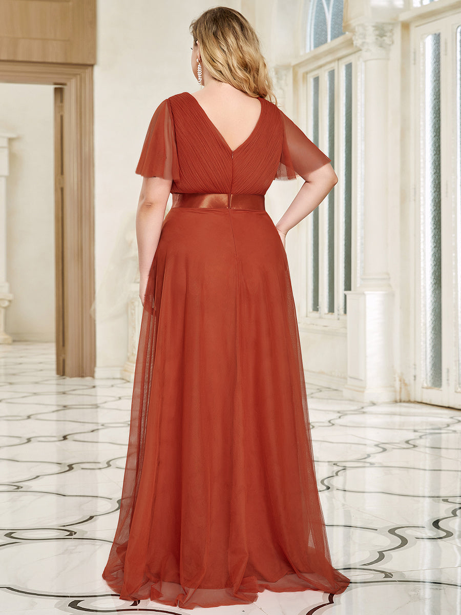 Color=Burnt orange | Plus Size Women'S V-Neck A-Line Short Sleeve Floor-Length Bridesmaid Dresses Ep07962-Burnt orange 4