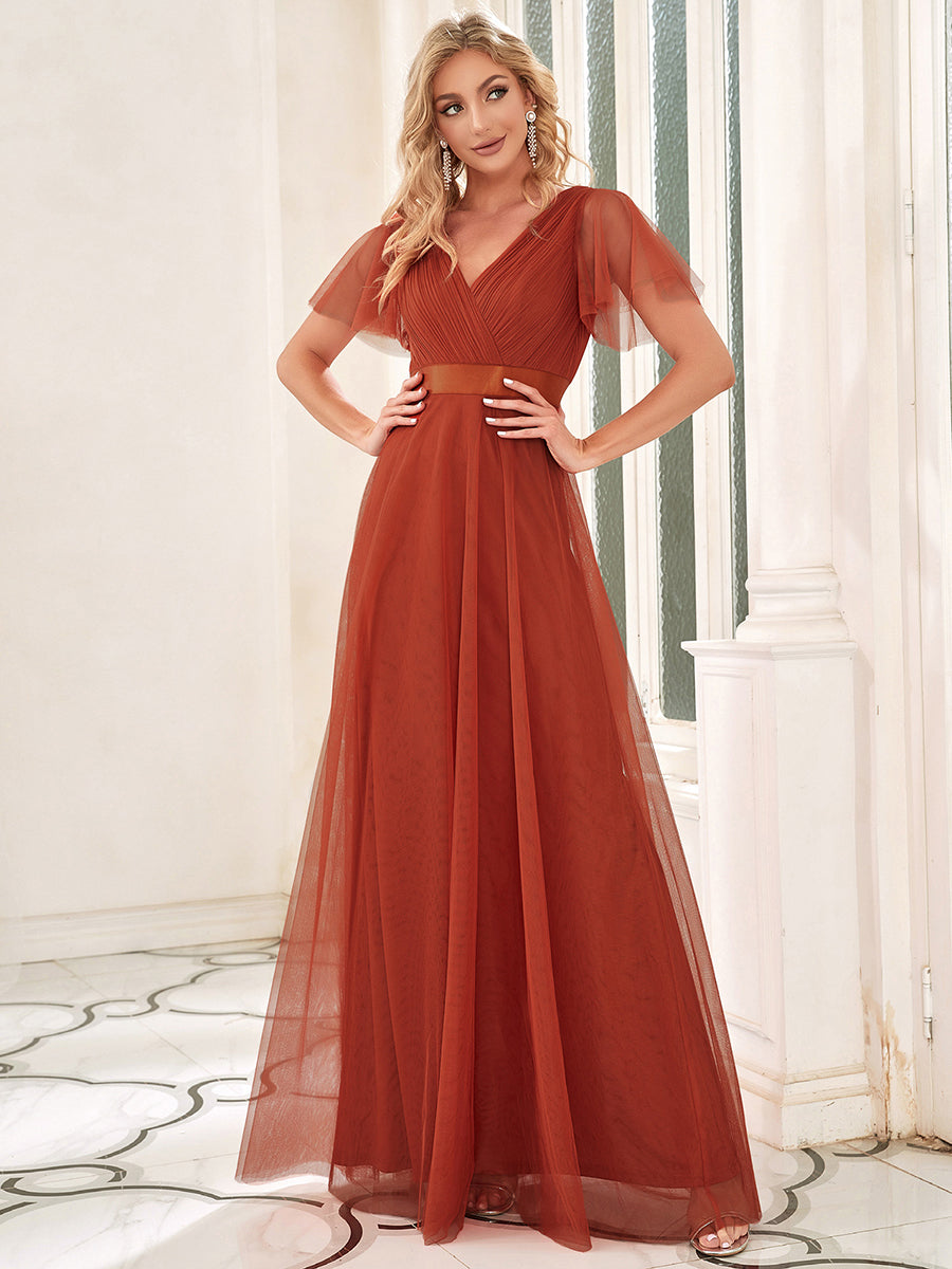 Color=Burnt orange | Women's pretty V-Neck A-Line Floor-Length Wholesale Bridesmaid Dresses-Burnt orange 4