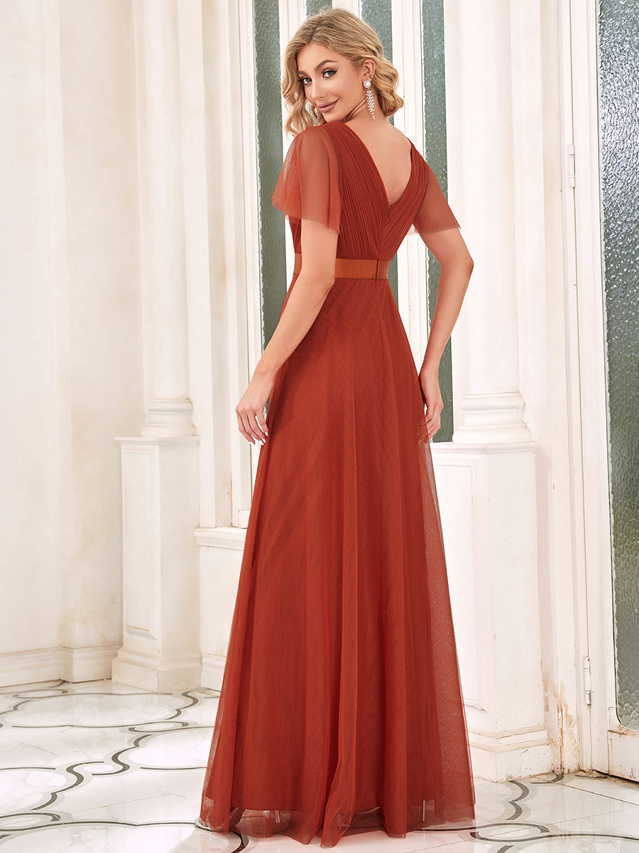 Color=Burnt orange | Women's pretty V-Neck A-Line Floor-Length Wholesale Bridesmaid Dresses-Burnt orange 5