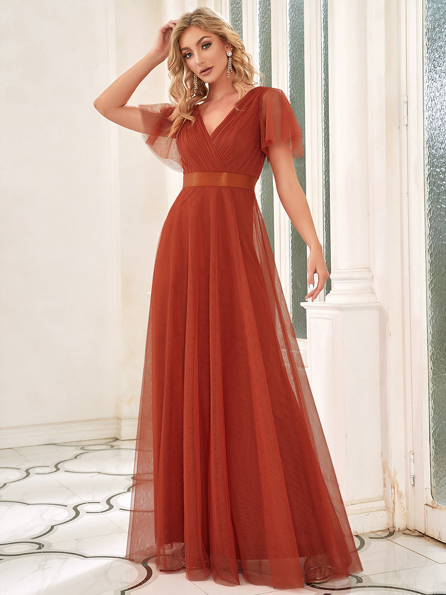 Color=Burnt orange | Women's pretty V-Neck A-Line Floor-Length Wholesale Bridesmaid Dresses-Burnt orange 6
