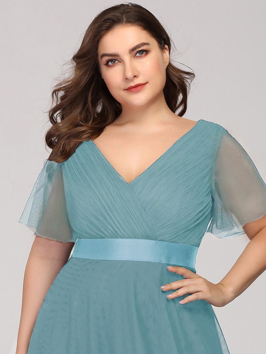 Color=Dusty Blue | Plus Size Women'S V-Neck A-Line Short Sleeve Floor-Length Bridesmaid Dresses Ep07962-Dusty Blue 5