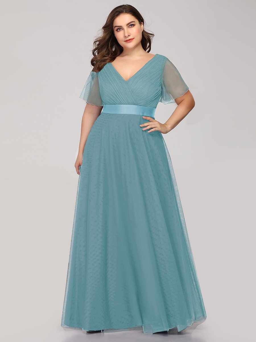 Color=Dusty Blue | Plus Size Women'S V-Neck A-Line Short Sleeve Floor-Length Bridesmaid Dresses Ep07962-Dusty Blue 1