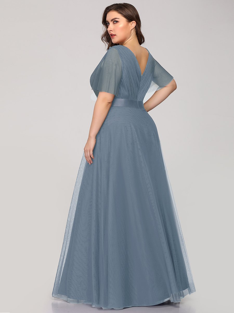 Color=Dusty Blue | Plus Size Women'S V-Neck A-Line Short Sleeve Floor-Length Bridesmaid Dresses Ep07962-Dusty Blue 2