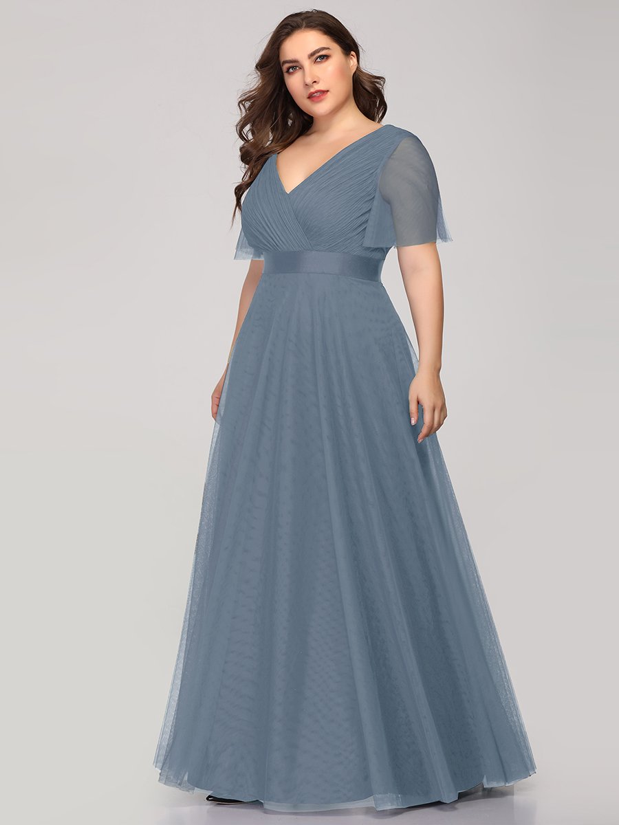 Color=Dusty Blue | Plus Size Women'S V-Neck A-Line Short Sleeve Floor-Length Bridesmaid Dresses Ep07962-Dusty Blue 3