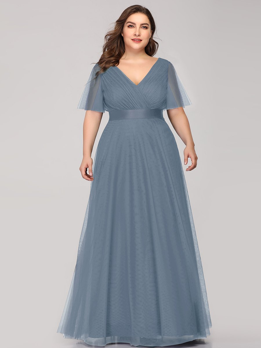 Color=Dusty Blue | Plus Size Women'S V-Neck A-Line Short Sleeve Floor-Length Bridesmaid Dresses Ep07962-Dusty Blue 4