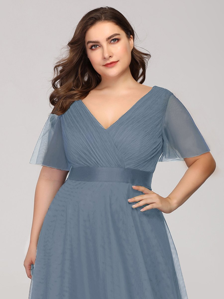 Color=Dusty Blue | Plus Size Women'S V-Neck A-Line Short Sleeve Floor-Length Bridesmaid Dresses Ep07962-Dusty Blue 5