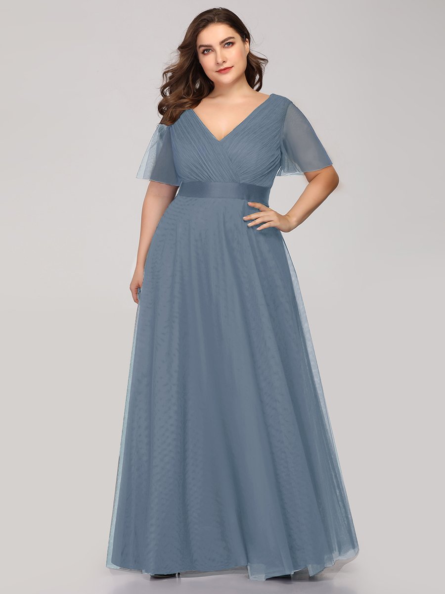 Color=Dusty Blue | Plus Size Women'S V-Neck A-Line Short Sleeve Floor-Length Bridesmaid Dresses Ep07962-Dusty Blue 6