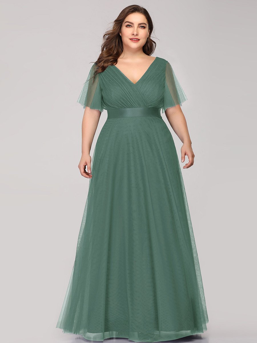 Color=Green Bean | Plus Size Women'S V-Neck A-Line Short Sleeve Floor-Length Bridesmaid Dresses Ep07962-Green Bean 4