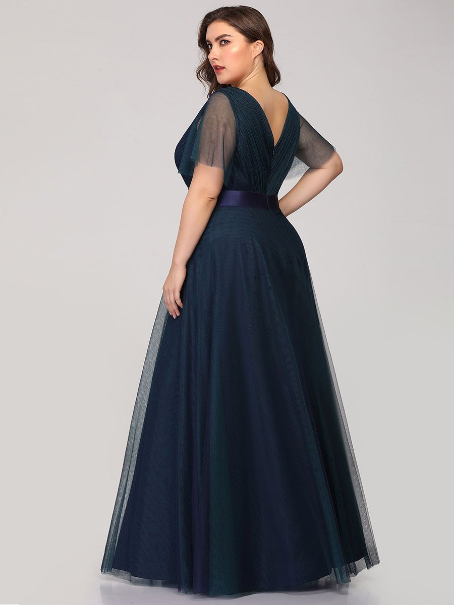 Color=Navy Blue | Plus Size Women'S V-Neck A-Line Short Sleeve Floor-Length Bridesmaid Dresses Ep07962-Navy Blue 2