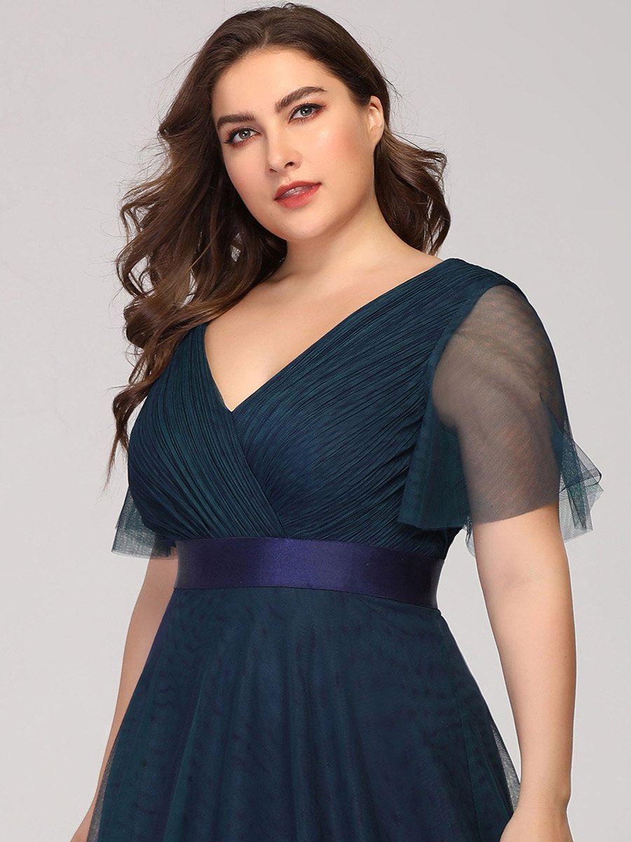 Color=Navy Blue | Plus Size Women'S V-Neck A-Line Short Sleeve Floor-Length Bridesmaid Dresses Ep07962-Navy Blue 5