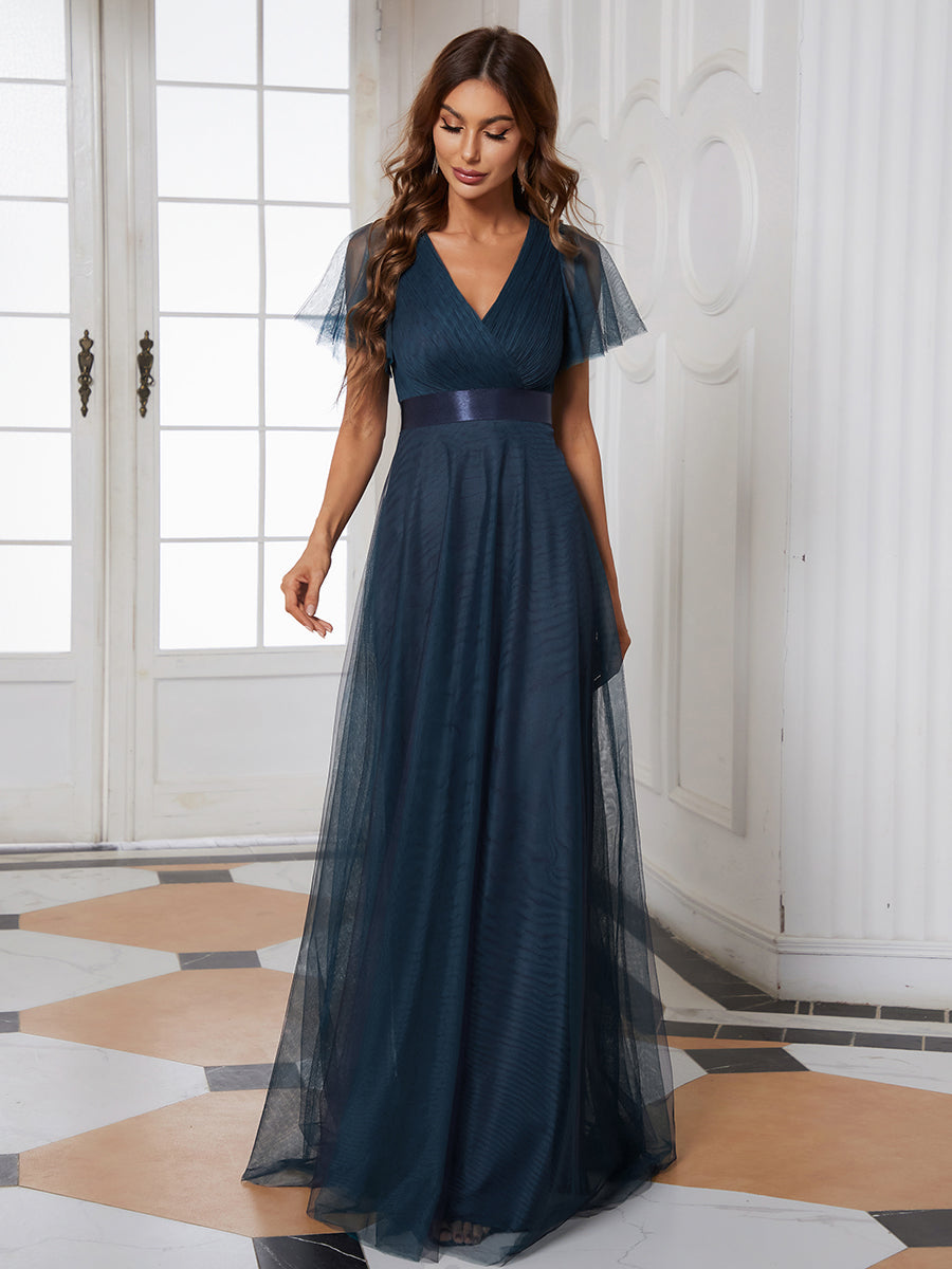Color=Navy Blue | Women's V-Neck A-Line Floor-Length Wholesale Bridesmaid Dresses-Navy Blue 1