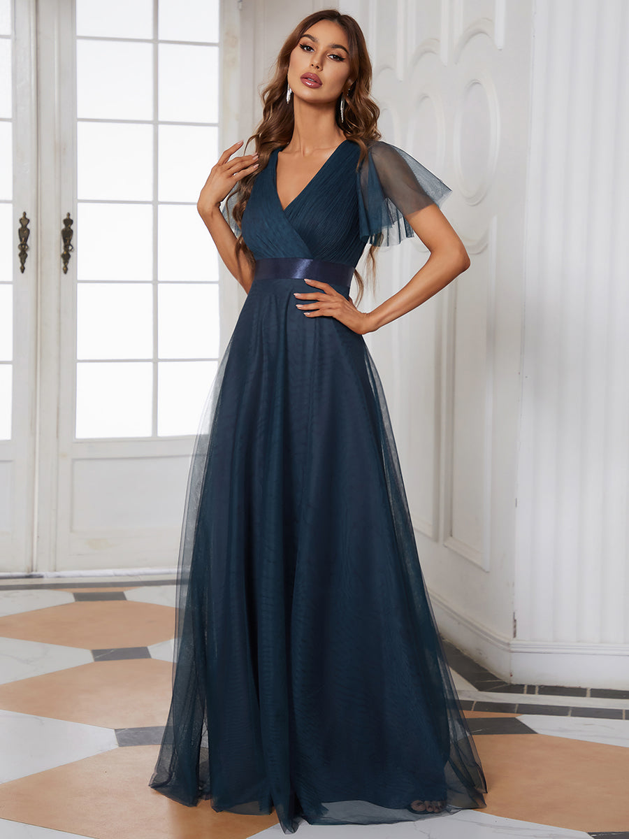 Color=Navy Blue | Women's V-Neck A-Line Floor-Length Wholesale Bridesmaid Dresses-Navy Blue 3