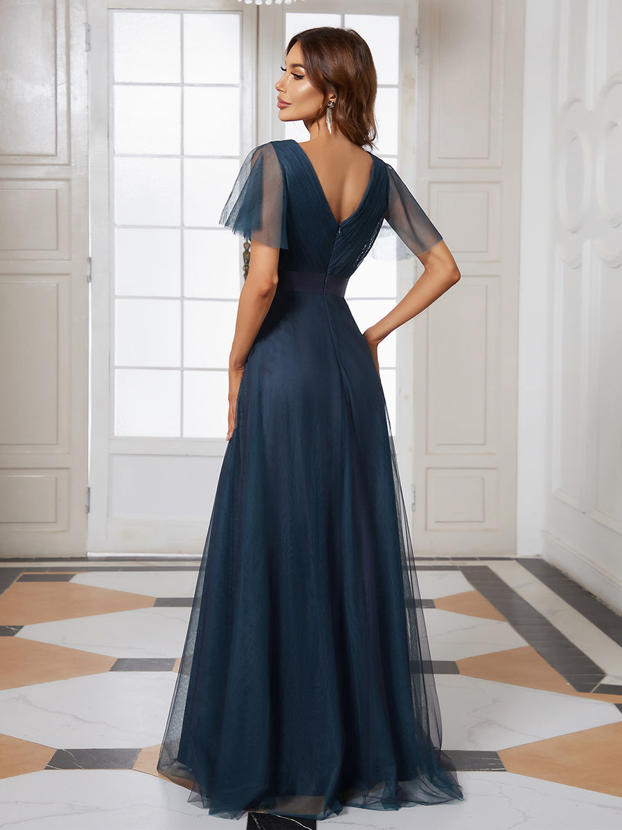 Color=Navy Blue | Women's V-Neck A-Line Floor-Length Wholesale Bridesmaid Dresses-Navy Blue 4