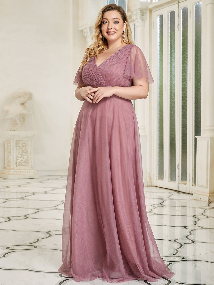 Color=Orchid | Plus Size Women'S V-Neck A-Line Short Sleeve Floor-Length Bridesmaid Dresses Ep07962-Orchid 1